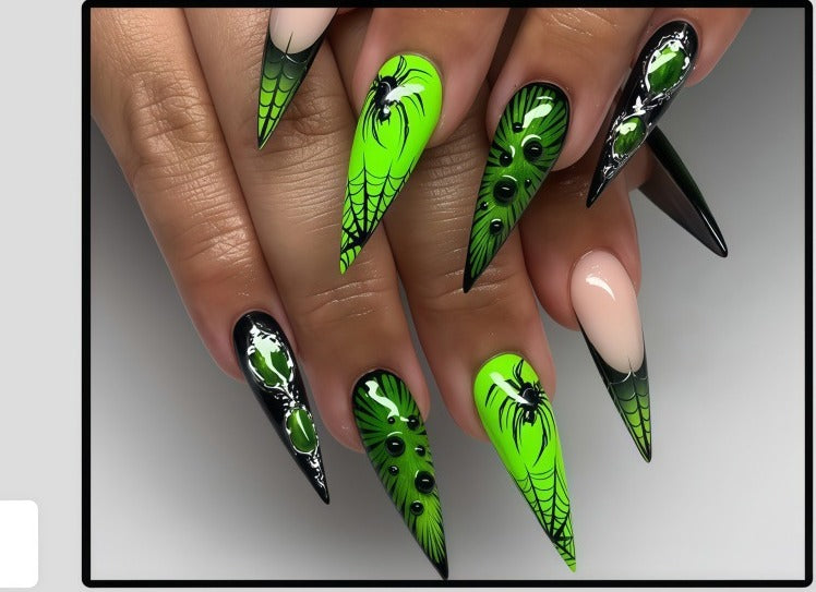 Halloween Press-On Nails – Green Spider & Spiderweb Stiletto, 24-Piece Long Set, worn on hand