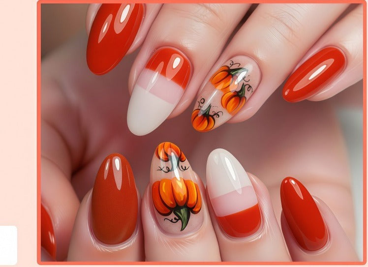 Halloween Press-On Nails – Red Pumpkin Designs, 24-Piece Almond Set, worn on hand
