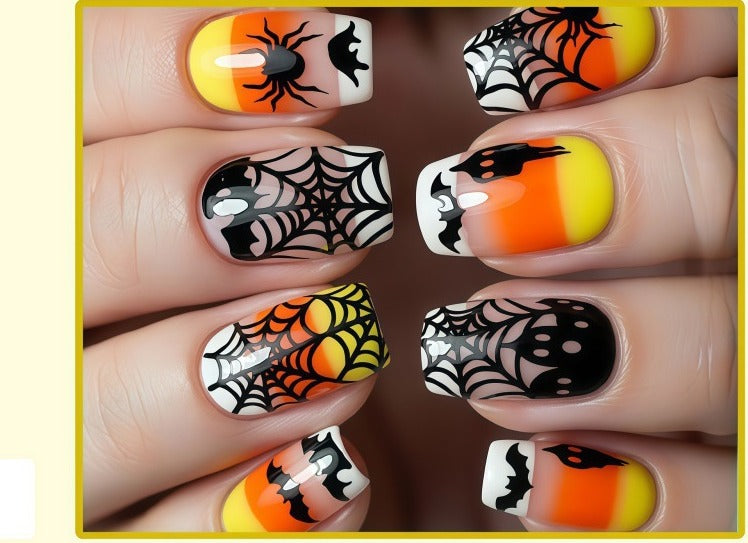 Halloween Press-On Nails – Candy Corn, Spiderweb & Bat Designs, 24-Piece Short Set, worn on hand