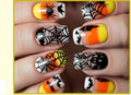 Halloween Press-On Nails – Candy Corn, Spiderweb & Bat Designs, 24-Piece Short Set, worn on hand