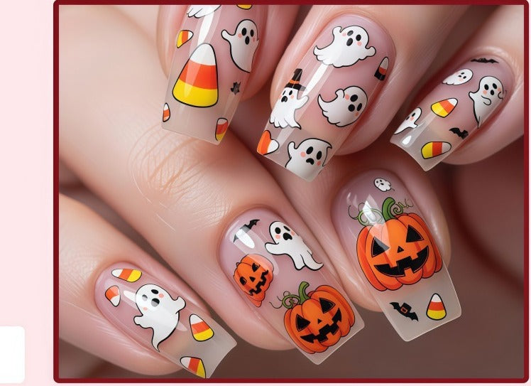 Halloween Press-On Nails – Candy Corn, Ghost & Pumpkin, 24-Piece Long Set, worn on hand