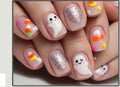 Halloween Press-On Nails – Cute Pink Ghost & Candy Corn Designs, 24-Piece Short Set, worn on hand