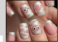 Halloween Press-On Nails – Pink Mummy & Glitter French Tips, 24-Piece Short Set, worn on hand