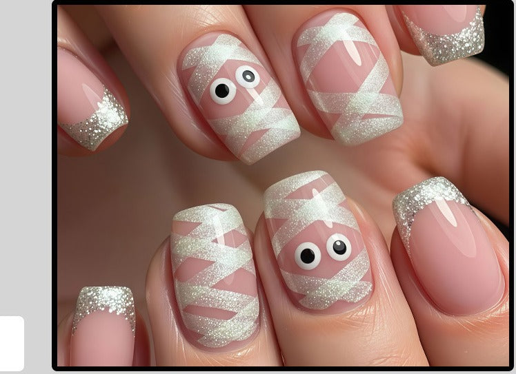 Halloween Press-On Nails – Pink Mummy & Glitter French Tips, 24-Piece Short Set, worn on hand