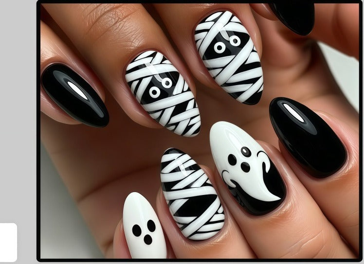 Halloween Press-On Nails – Black & White Mummy and Ghost Designs, 24-Piece Almond Set, worn on hand