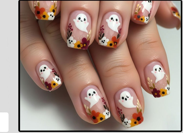 Fall Press-On Nails – Cute Ghost & Floral Designs, 24-Piece Short Set, worn on hand