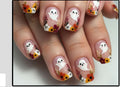 Fall Press-On Nails – Cute Ghost & Floral Designs, 24-Piece Short Set, worn on hand