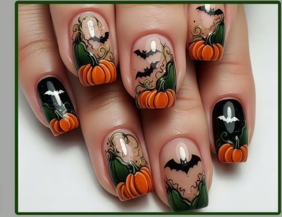 Halloween Press-On Nails – Pumpkin & Bat on Nude, 24-Piece Almond Set, worn on hand