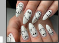 Halloween Press-On Nails – White Ghost Designs, 24-Piece Almond Set, worn on hand