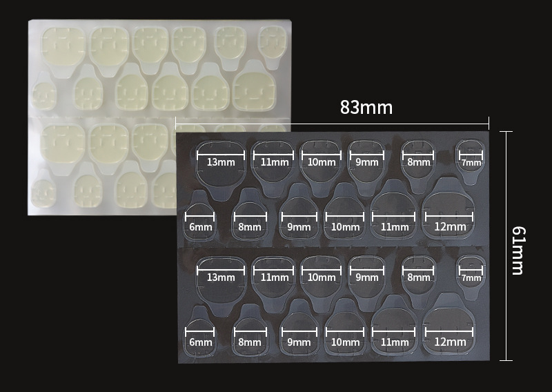 Yellow jelly nail adhesive tabs sheet with 24 pieces in 12 sizes