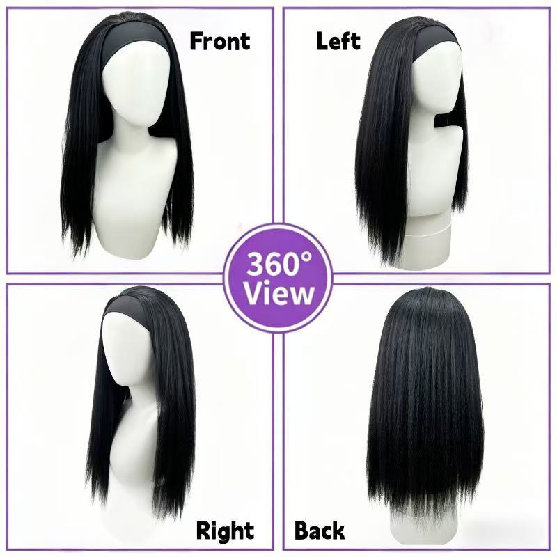 Front, left, right and back views of the natural black headband wig