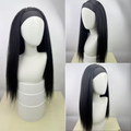 Natural black YM204 synthetic headband wig shown on a mannequin from three angles