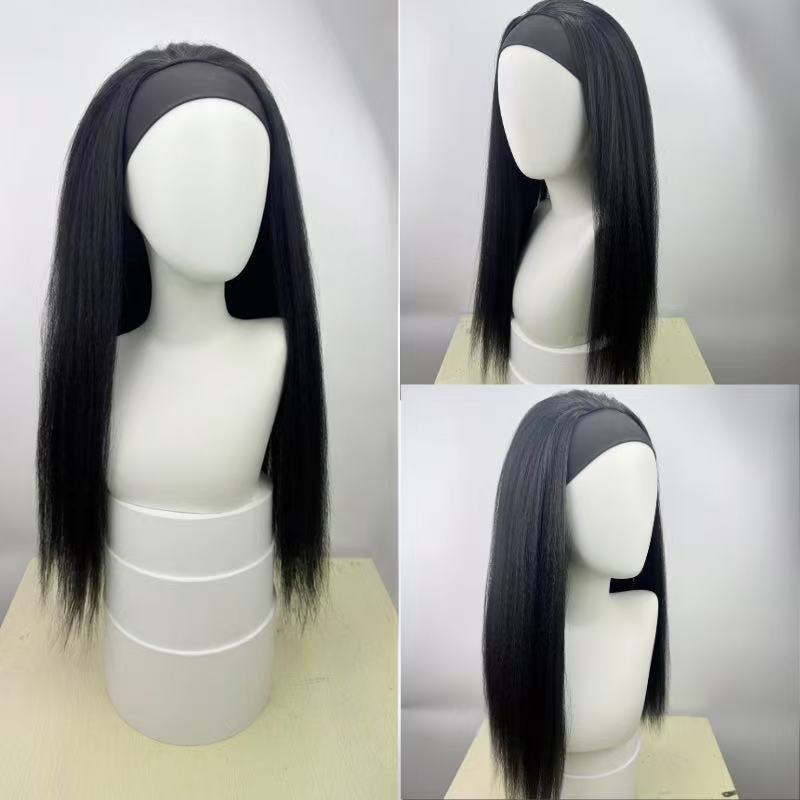 Natural black YM204 synthetic headband wig shown on a mannequin from three angles