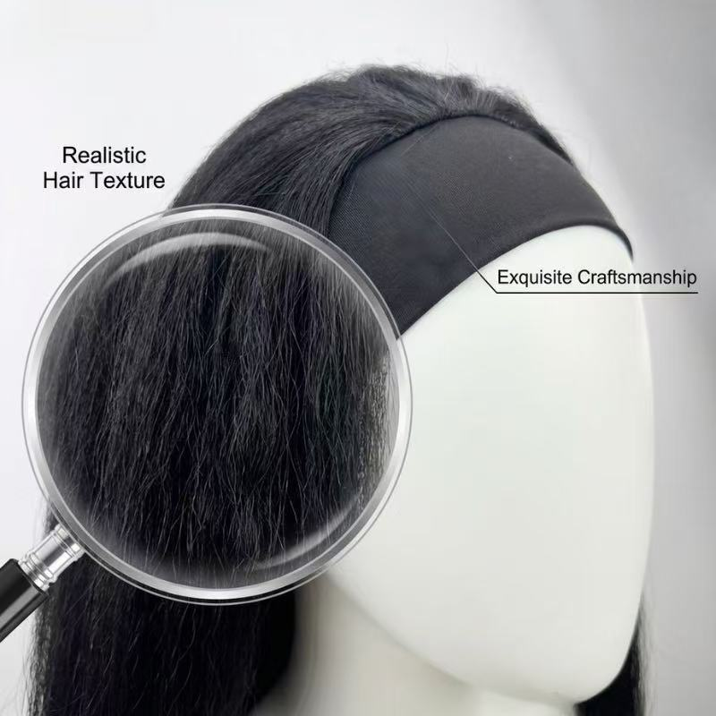 Close-up of the synthetic yaki straight texture and attached black headband
