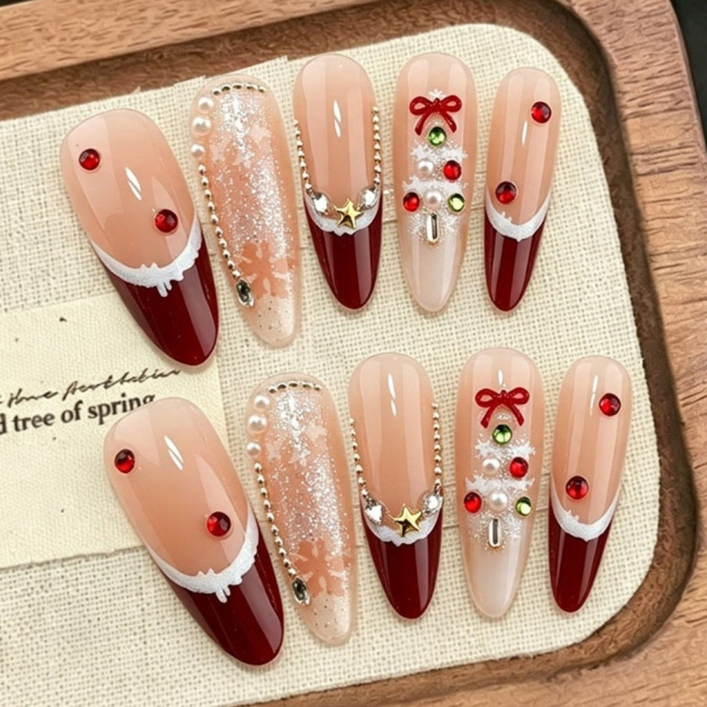 Christmas Press-On Nails – Red French Tips with Rhinestones, Pearls & Gold Star Charms