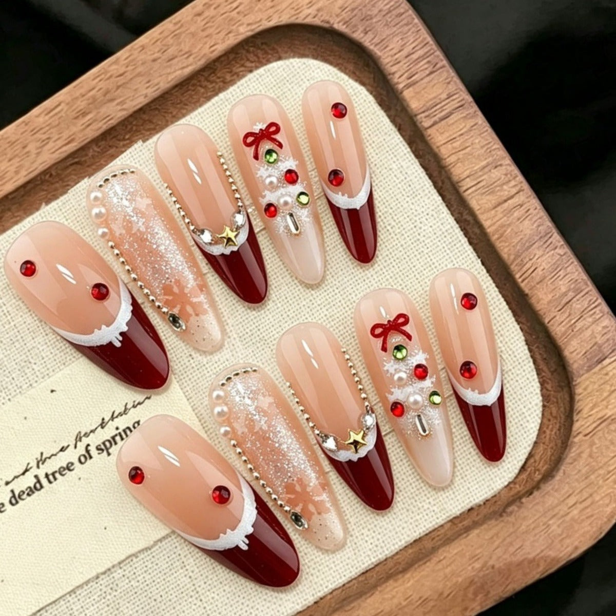Christmas Press-On Nails – Red French Tips with Rhinestones, Pearls & Gold Star Charms