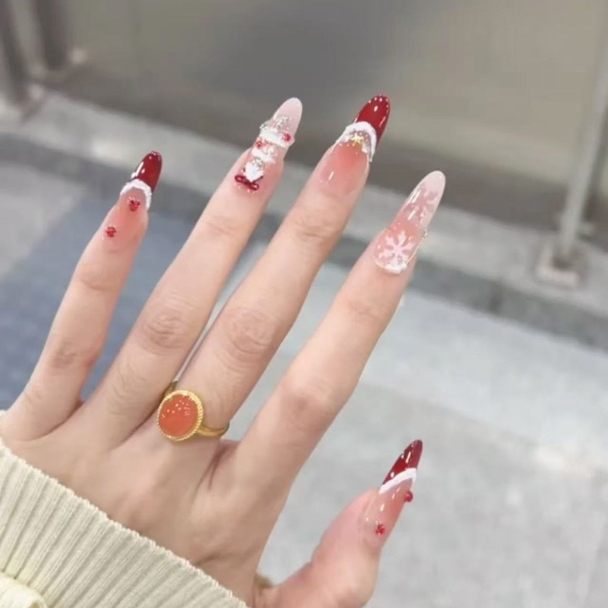 Christmas Press-On Nails – Red French Tips with Rhinestones, Pearls & Gold Star Charms